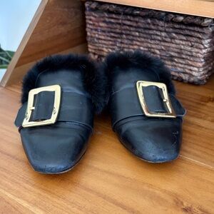 Bally Black Mules with Fur Trim & Gold Buckle